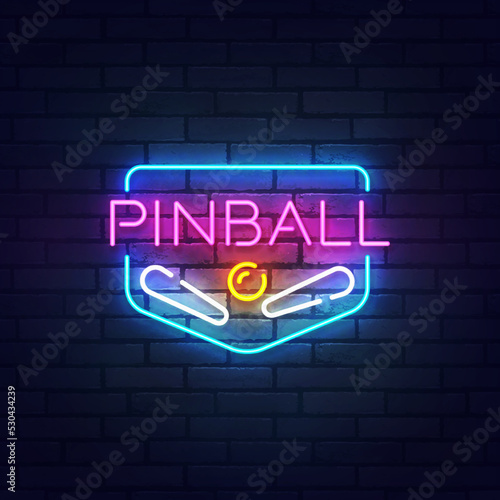 Pinball neon sign, bright signboard, light banner. Pinball label neon, emblem. Vector illustration