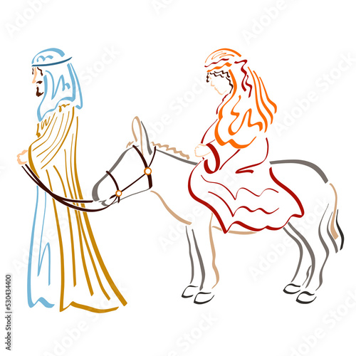 pregnant virgin Mary sitting on a donkey and Joseph travel to Bethlehem for the census