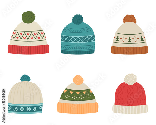 A set of various winter hats. Flat cartoon style.