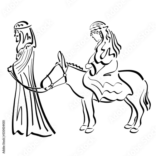 pregnant Virgin Mary sitting on a donkey and Joseph are traveling to Bethlehem for the census, black outline