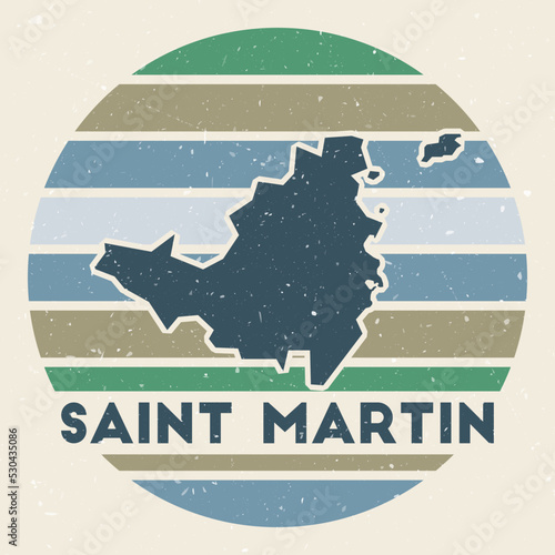 Saint Martin logo. Sign with the map of island and colored stripes, vector illustration. Can be used as insignia, logotype, label, sticker or badge of the Saint Martin .