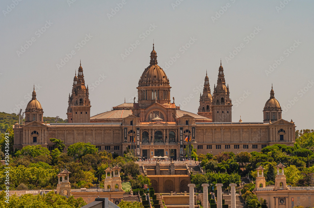 View over modern and old districts in historical downtown of Barcelona, Spain, a cityscape at summer sunset colors