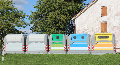 Five bins for separate waste collection where you can throw away plastic glass paper and other recyclable materials photo