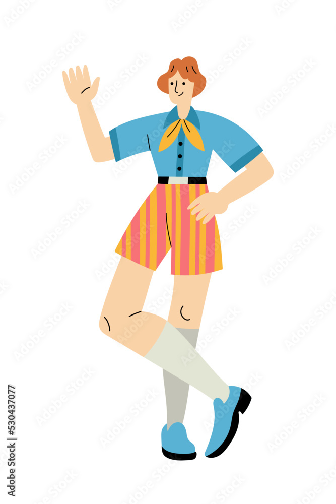Cheerful man in retro 1960s or 1970s clothes standing and waving