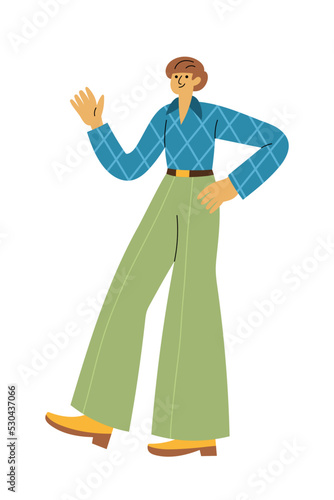 Cheerful man in retro 1960s or 1970s clothes walking and waving hand