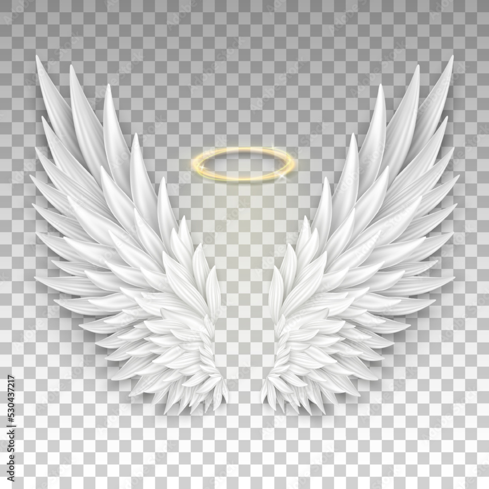 Three dimensional angel white wings and shiny nimbus. Masquerade ...