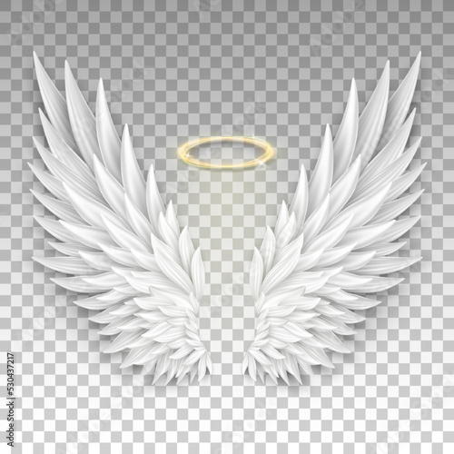 Three dimensional angel white wings and shiny nimbus. Masquerade, festival, carnival costume. Realistic saint aureole (halo) and wings isolated on transparent background. Vector illustrator EPS 10