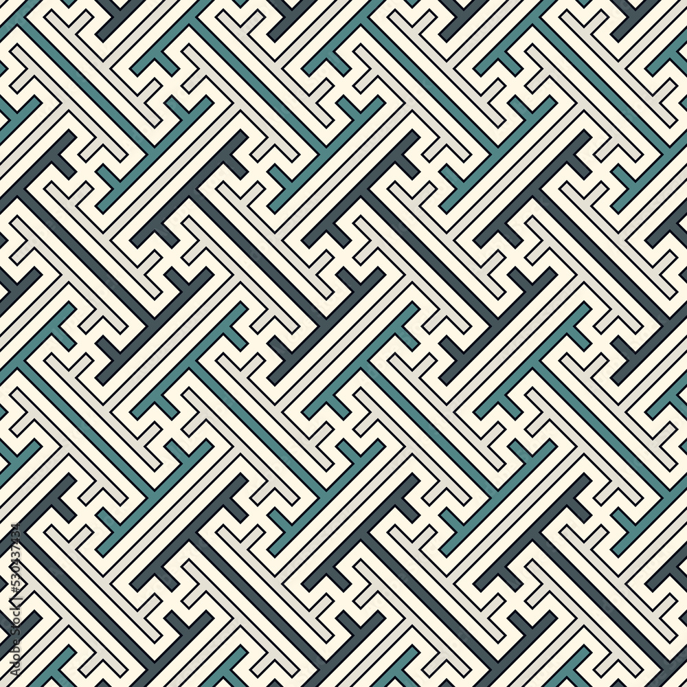 Seamless Sayagata pattern. Repeated interlocking keys background. Oriental ornament. Window tracery image. Ancient ethnic mosaic motif. Geometric digital paper. Ethnical textile print. Vector art.