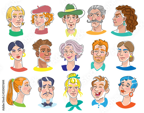 Collection of portraits of men and women of different ages, nationalities and emotions. Line style with colored spots. Isolated on white background. Vector flat illustration