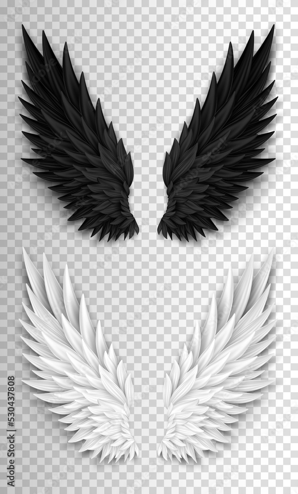 Obraz premium Two realistic wings isolated on transparent background. 3D white angel wings and dark devil, daemon wings. Heaven and hell, good and evil concept. Festival, masquerade, carnival costume. 
