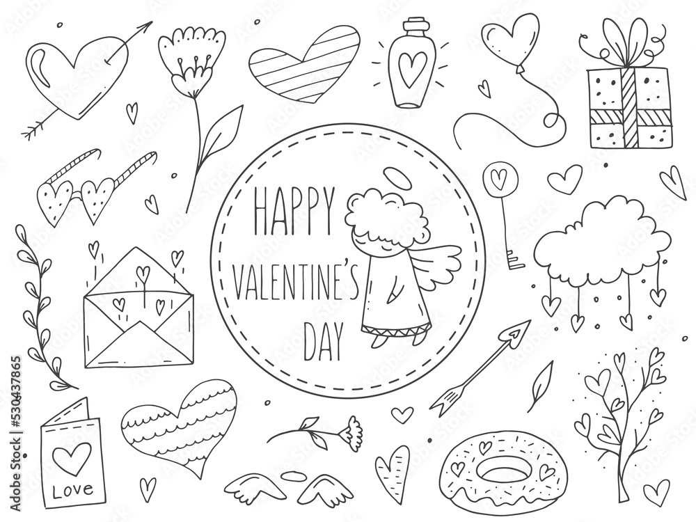 Big set of cute hand-drawn doodle elements about love. Message stickers for apps. Icons for Valentines Day, romantic events and wedding.