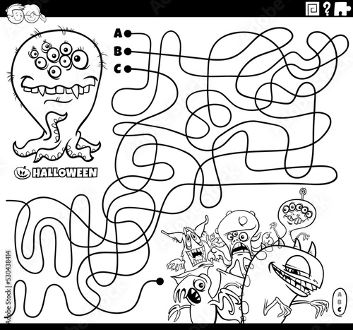 maze with cartoon monsters on Halloween coloring page