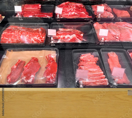 Piece of raw meat lying on counter at supermarket