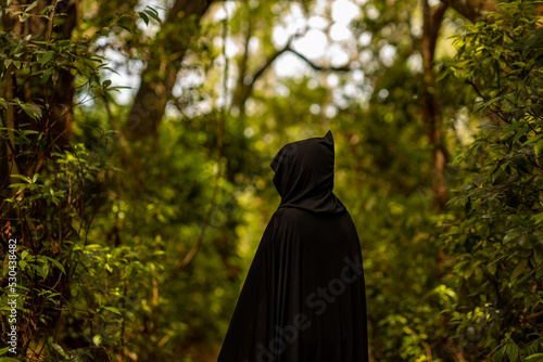 A dark hooded figure stands in the woods.The face is not visible. Happy Halloween. All Saints' Day. Sweetness or nastiness. Soft focus photo
