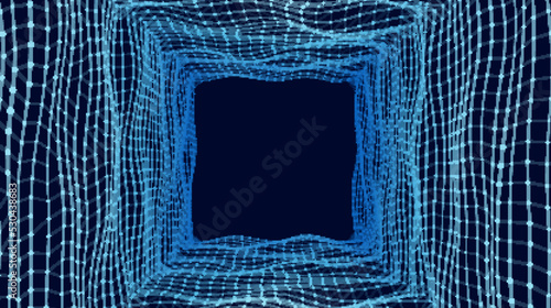 Technology wireframe square tunnel on dark background. Futuristic 3D wormhole grid. Digital dynamic wave. Vector illustration.