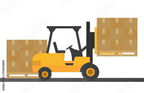 Forklifts are special for construction work with boxes on pallets and the road. Vector illustration