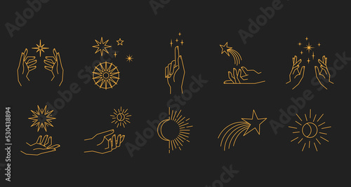 Aesthetic astral hands. Collection of cosmic and celestial elements with sun, moon and stars. Isolated editable linear vectors.