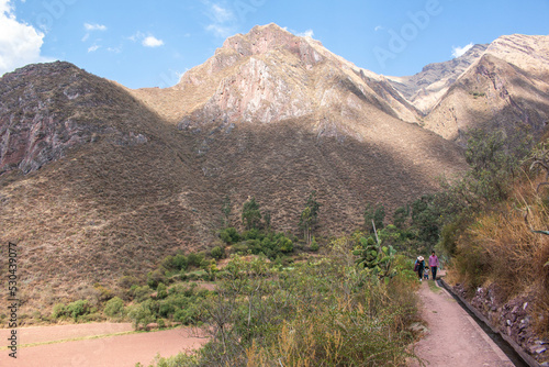 Family walking in the Sacred Valley towards the village of Urquillos, mountains and forest, in Peru. 