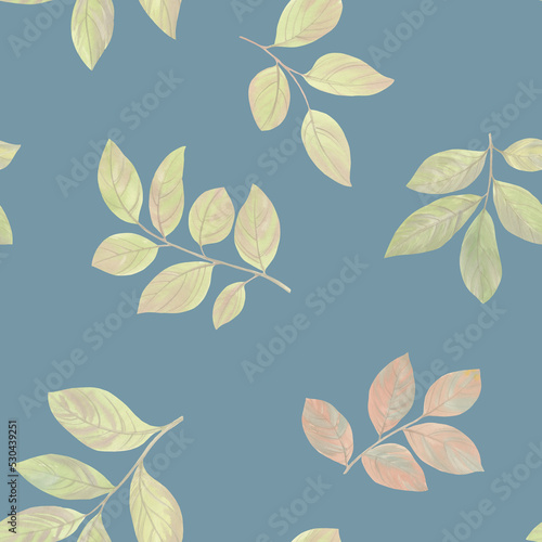 Abstract leaves with branches, seamless botanical pattern. watercolor leaves collected in an ornament for design, baking and wallpaper. © Sergei