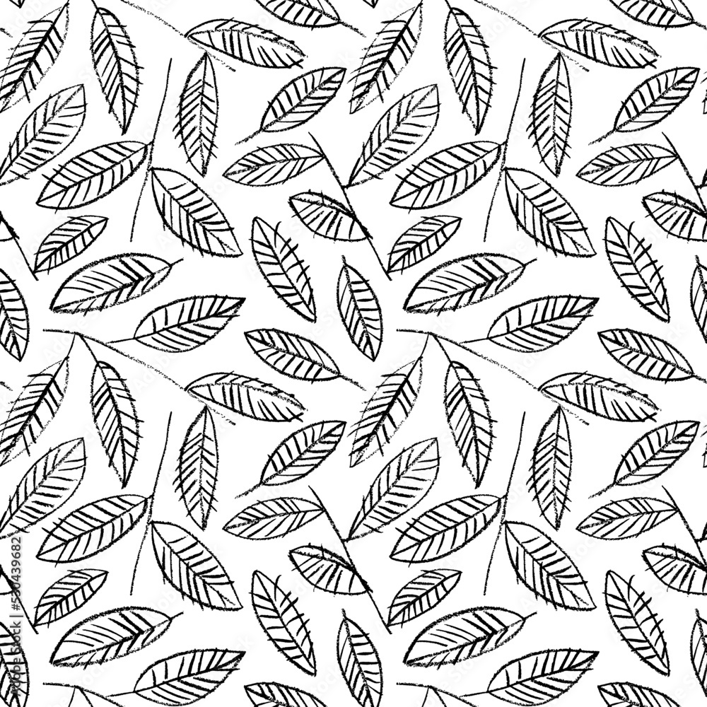 Pencil drawn leaves with veins seamless pattern. Simple abstract leaves with stems or branches. Hand drawn sketchy style foliage ornament. Simple abstract botanical print in grunge style. Linear plant