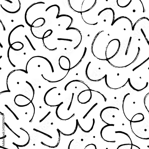Seamless abstract geometric pattern in retro Memphis style. Hand drawn vector curly lines with dots and dashes. Chaotic ink brush scribbles. Hand drawn messy doodles, thin curved lines ornament.