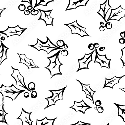 Seamless Christmas pattern with holly berry vector branches. Decorative vector ornament for New Year holidays. Winter seamless pattern with sketched holly leaves. Hand drawn black drawing elements.