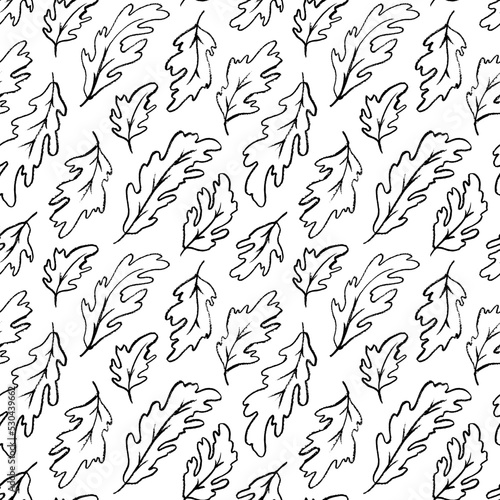 Oak leaves in pencil seamless pattern. Hand drawn vector botanical background in black charcoal style. Black brush strokes and texture lines. Hand-drawn sketch style of oak leaves. Modern ornament.