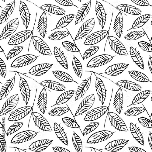 Pencil drawn leaves with veins seamless pattern. Simple abstract leaves with stems or branches. Hand drawn sketchy style foliage ornament. Simple abstract botanical print in grunge style. Linear plant