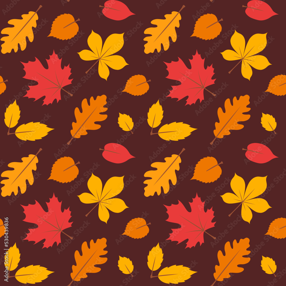 Autumn seamless pattern with yellow and red leaves on the brown background. Vector illustration. Design for wrapping paper, wallpaper, fabric, textile, scrapbooking, cover, autumn greeting card.