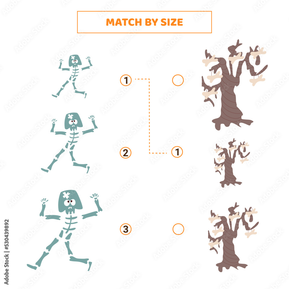 Match by size for cartoon skeleton and tree. Match by size for cartoon skeleton and tree.