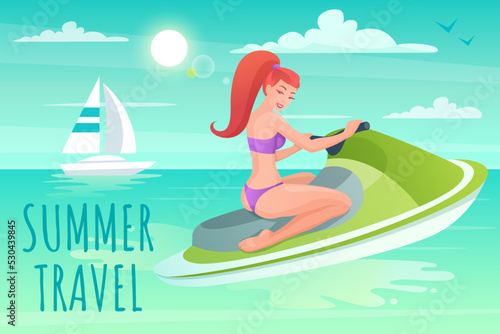 Young woman riding a jet ski. Vector illustration