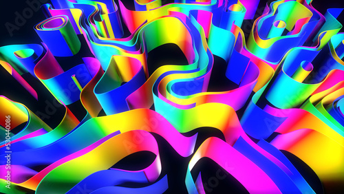 abstract bg with multicolor lines or ribbons forming curl noise on plane. Concept of abstract computing neural network or ai. Multicolor curved ribbons on plane. 3d render