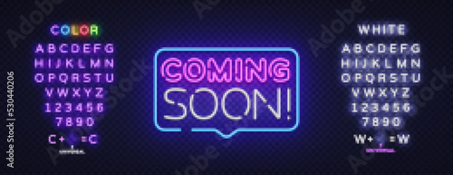 Coming soon Neon for concept design. Advertising banner template. Discount promotion. Vector illustration