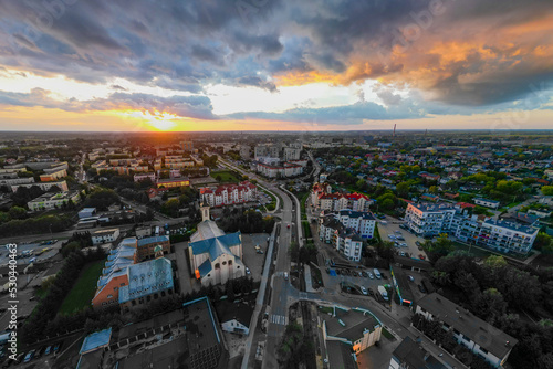 View at Pabianice city from a drone at sunset	 photo