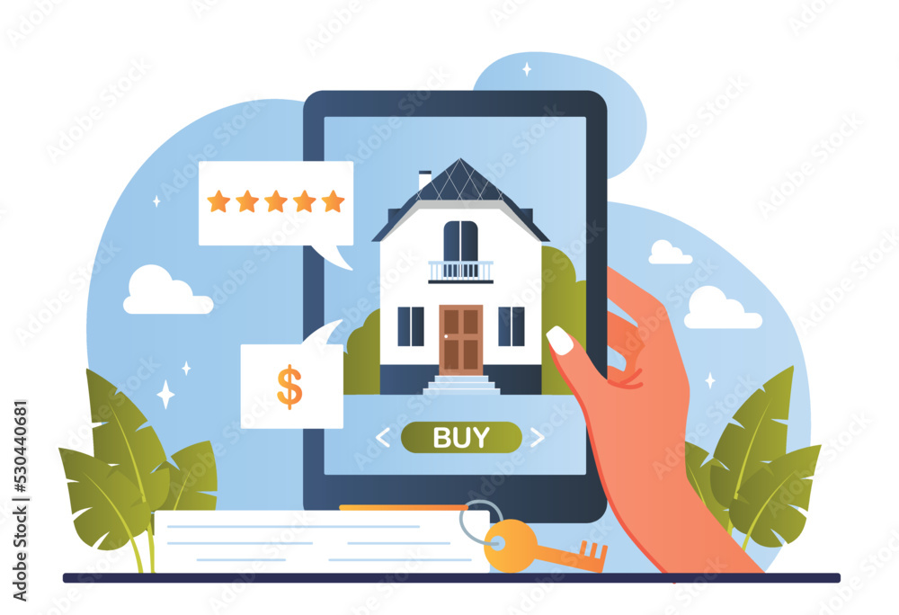 Real estate searching. Woman holds tablet and chooses house. Financial literacy and investment. Application or programs, user opinion and feedback, rating and ranking. Cartoon flat vector illustration