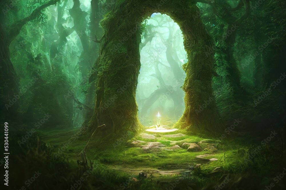 Fantasy magic portal. Portal in the elven forest to another world. Digital  art. Illustration. Painting. Hyper-realistic. 3D illustration Stock  Illustration