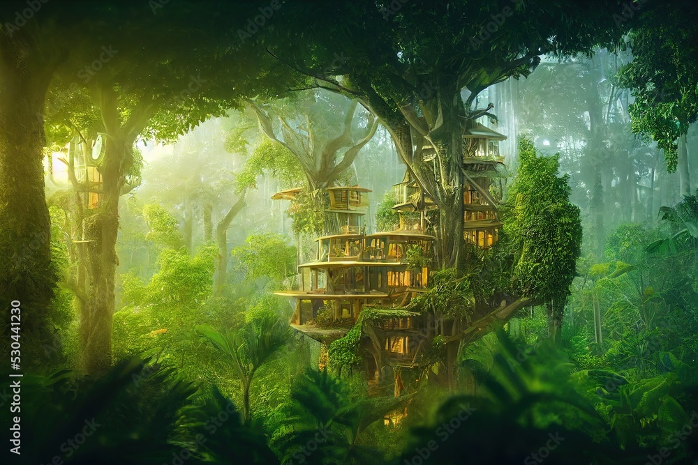 Fantasy tree house. Fairytale fantasy landscape, tree house. 3d-render