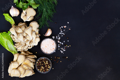Fresh organic healthy oyster mushrooms with green parsley, garlic, black pepper and pink salt on a black background. Delicious oyster mushrooms. Top view. copy space.
