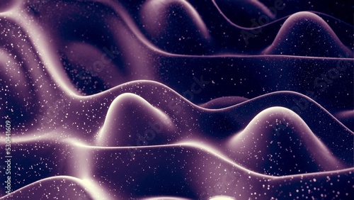 3d render. Abstract waves of soft black matte material with light inner glow and glitters on surface. Abstract geometric surface like landscape or terrain, extrude or displace 3d noise.
