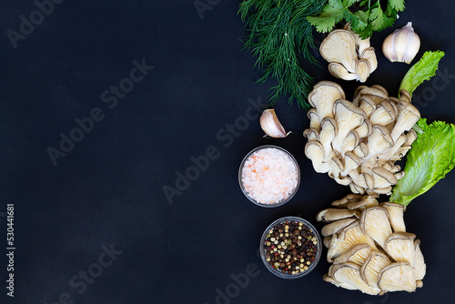 mushrooms and spices. Fresh organic healthy oyster mushrooms with green parsley, garlic, black pepper and pink salt on a black background. Delicious oyster mushrooms. Top view. copy space.