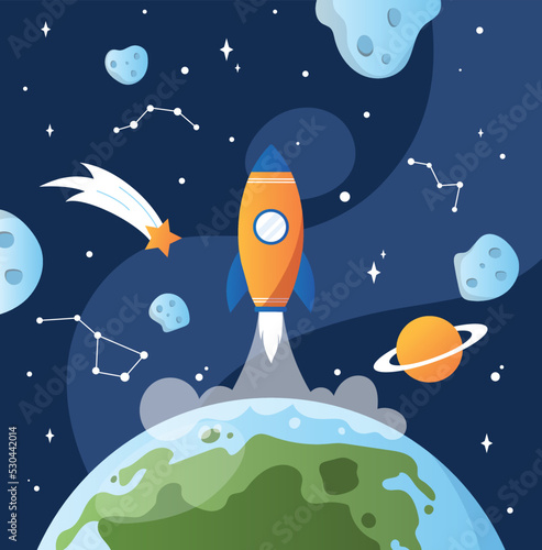 Rocket in space. Astrology and astronomy, travel and adventure. Scientific exploration of space, galaxies and universe. Planets, stars, comets and spaceship. Cartoon flat vector illustration