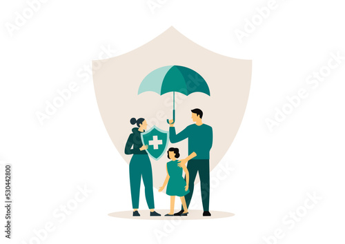 Family insurance. Shield protection for family flat vector illustration. Health and life insurance concept for banner, website design or landing web page