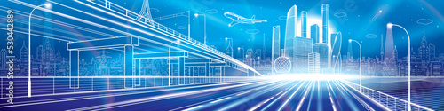 White outlines Infrastructure illustration. Large highway in city. Neon glow modern town on blue background, tower and skyscrapers, business building. Plane is flying. Vector design art