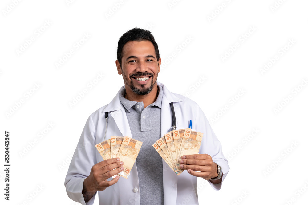 man holds money, Brazilian money, BRL in medical uniform man holds money, Brazilian money, BRL in medical uniform