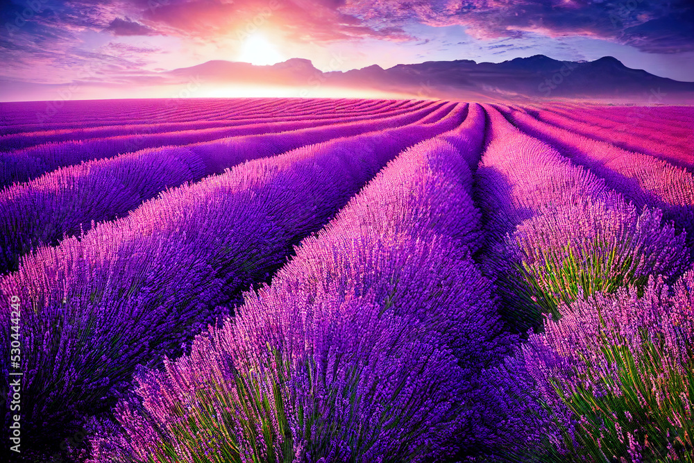 Lavender field sunset and lines.
Beautiful lavender blooming scented flowers at sunset