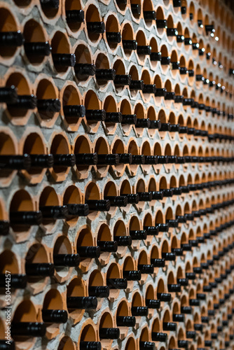 Wine cellar of red wine with black bottles archived in rows. Bela Krajina, Slovenia