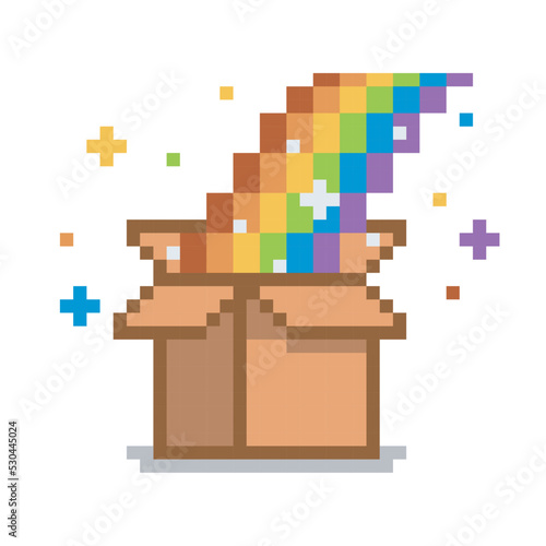 Magic cardboard box illustration, pixel art