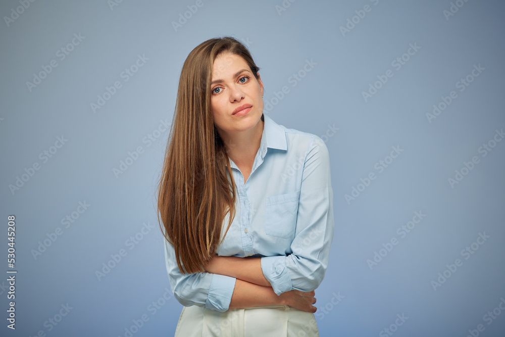 Young woman with stomach pain. isolated portrait on blue. Young woman with stomach pain. isolated portrait on blue.
