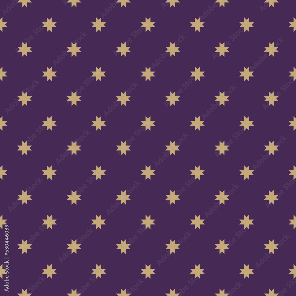 Vector geometric seamless pattern with golden stars, flower silhouettes, crosses. Simple abstract floral ornament. Purple and gold ornate background. Christmas decor texture. Repeat decorative design Vector geometric seamless pattern with golden stars, flower silhouettes, crosses. Simple abstract floral ornament. Purple and gold ornate background. Christmas decor texture. Repeat decorative design