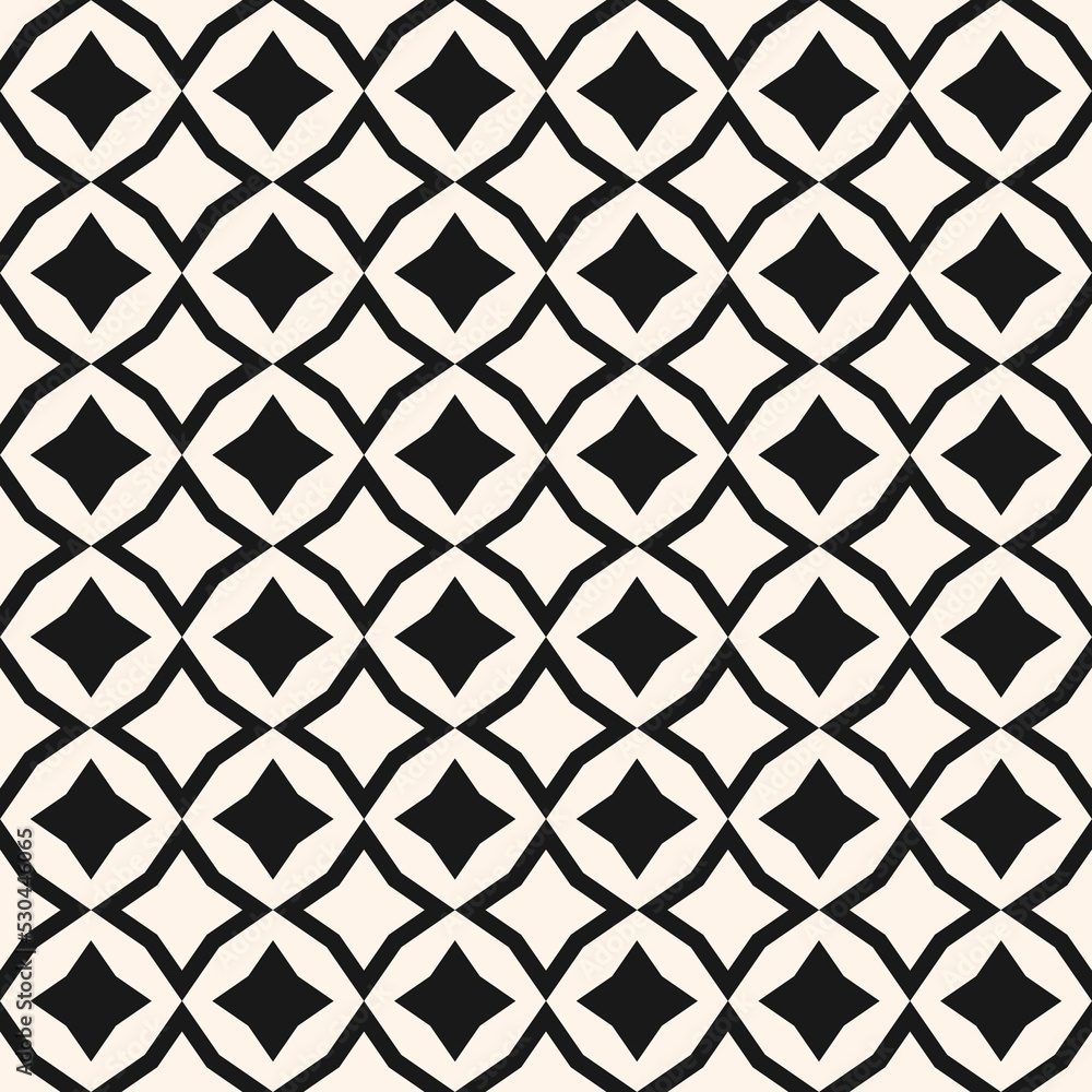 Vector abstract diamond seamless pattern. Stylish black and white background. Simple geometric ornament with floral silhouettes, stars, rhombuses. Modern monochrome texture. Repeat decorative design Vector abstract diamond seamless pattern. Stylish black and white background. Simple geometric ornament with floral silhouettes, stars, rhombuses. Modern monochrome texture. Repeat decorative design